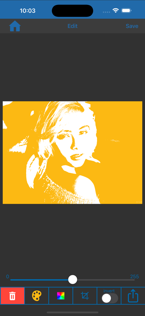 A woman's portrait converted into a high contrast yellow and white stencil within the Fx Stencil Pro editing interface