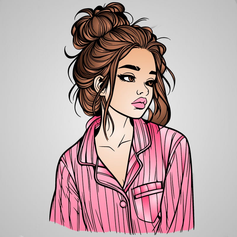 realistic woman with pajamas on and a messy bun