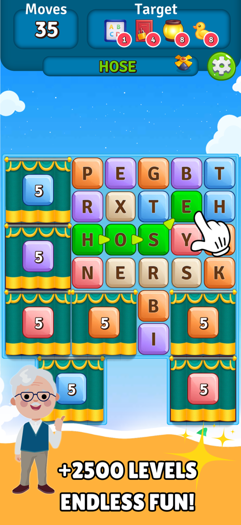 Alphabet Scape: Find Words! - A gameplay screenshot of Alphabet Scape showing a hand icon connecting letters on a grid to form the word HOSE.