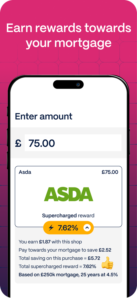 Sprive - Mortgage Free, Faster - Sprive app interface showing how to earn cashback rewards at Asda to pay off a mortgage faster.