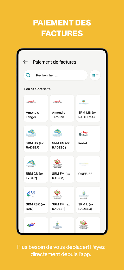 CASH PLUS Mobile Wallet - Interface du CASH PLUS Mobile Wallet montrant les options de paiement des factures de services publics marocains pour l'eau et l'électricité.