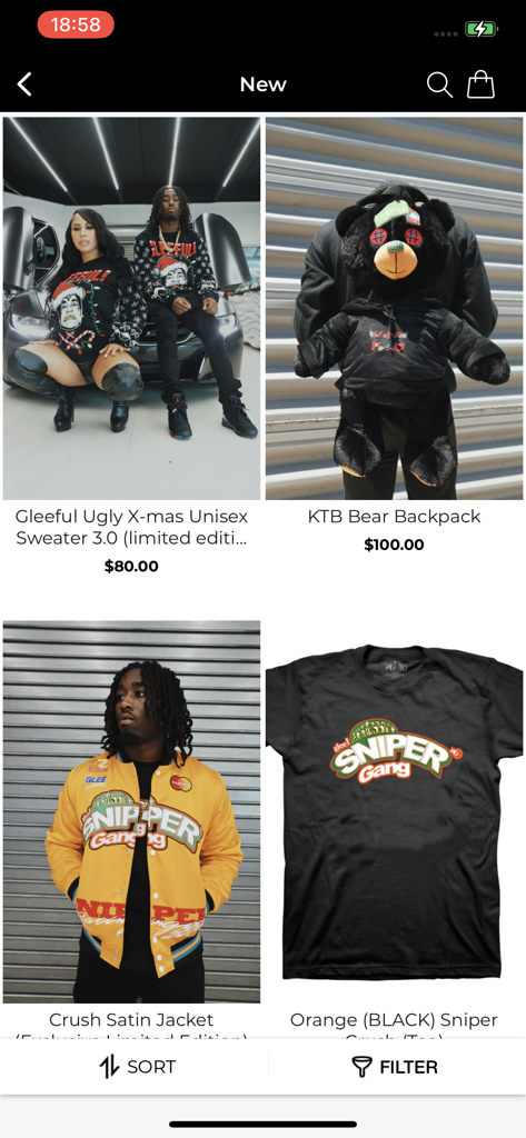 Sniper Gang Apparel App - Product catalog view of the Sniper Gang Apparel app featuring exclusive streetwear arrivals