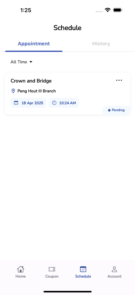 RTDC App - Screenshot of the RTDC App schedule screen showing a pending dental appointment for a crown and bridge service