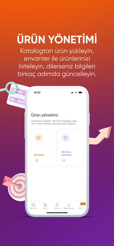 Hepsiburada İş Ortağım - Tela de gerenciamento de produtos do aplicativo Parceiro de Negócios Hepsiburada mostrando opções de inventário e catálogo