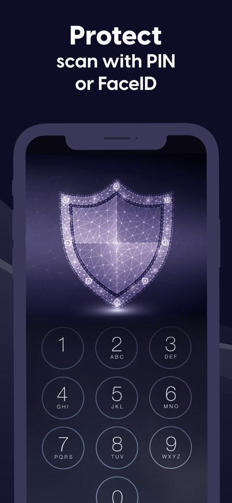 Ein Bildschirm der mobilen App mit einer numerischen Tastatur und einem digitalen Schildsymbol, das PIN- und FaceID-Schutz für Dokumente veranschaulicht.