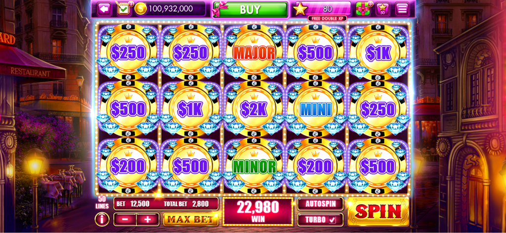 Slots Crazeモバイルゲーム画面。金色のジャックポット・シンボルと勝利カウンターが表示されています。
