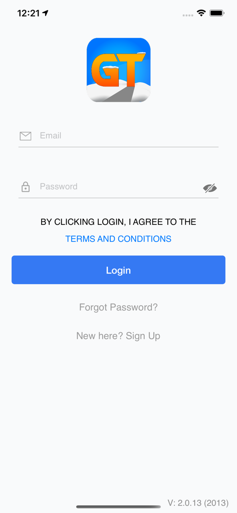 Interface de connexion de l'application GroomerTracker avec le logo GT et les champs pour l'e-mail et le mot de passe.