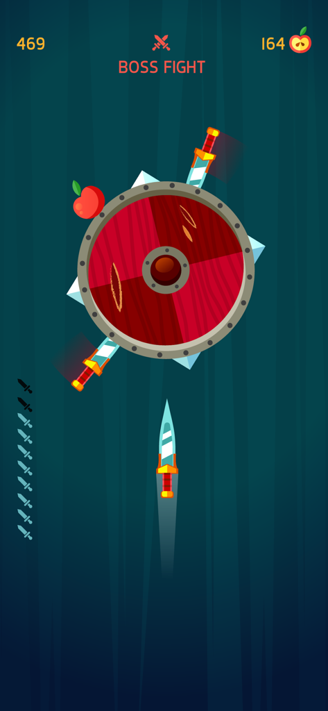 Knife Hit mobile game screenshot showing a boss fight stage with a rotating shield target