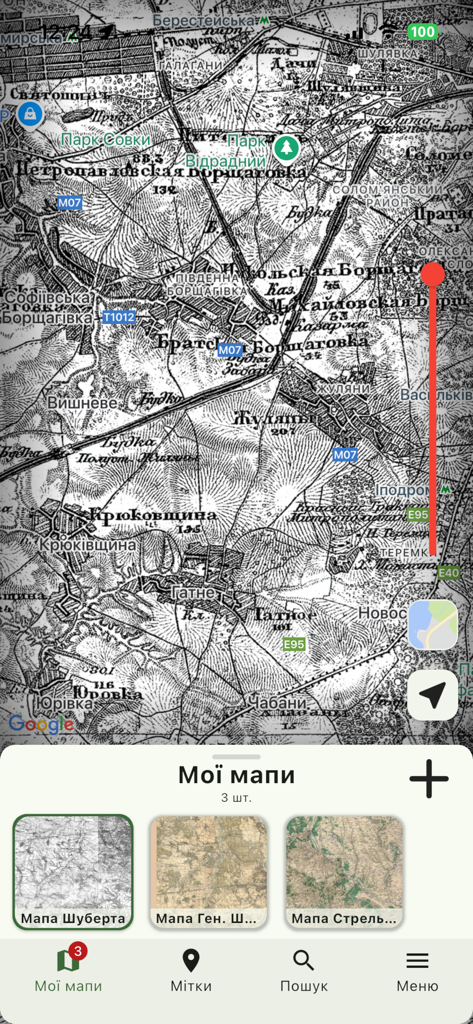 Maps Explorer App-Oberfläche, die eine hochauflösende historische topografische Karte mit Navigationsmenü zeigt