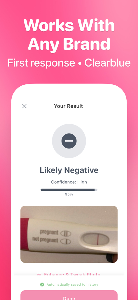 Pregnancy Test Checker - AI - Pregnancy test checker app interface showing a negative result analysis with high AI confidence score