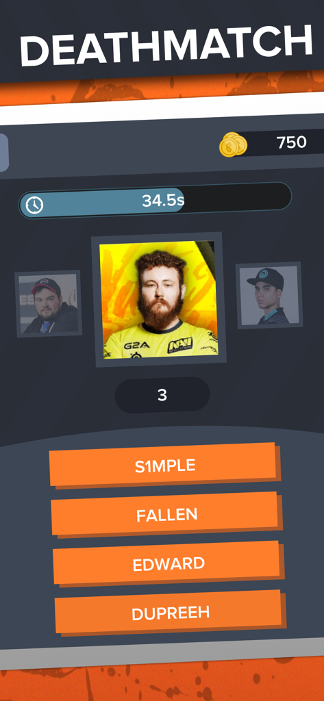 Ein Screenshot des Deathmatch-Modus in der CS GO Trivia-App, der eine Identifikationsherausforderung für Profispieler mit Multiple-Choice-Optionen zeigt.