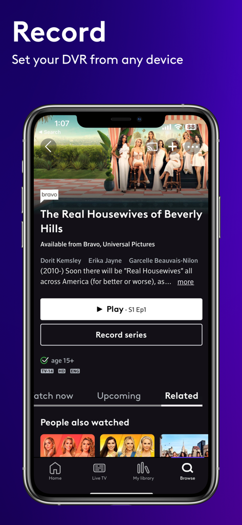 Xfinity Stream - Interfaz de la aplicación Xfinity Stream en un teléfono inteligente que muestra la opción de grabar una serie de TV.