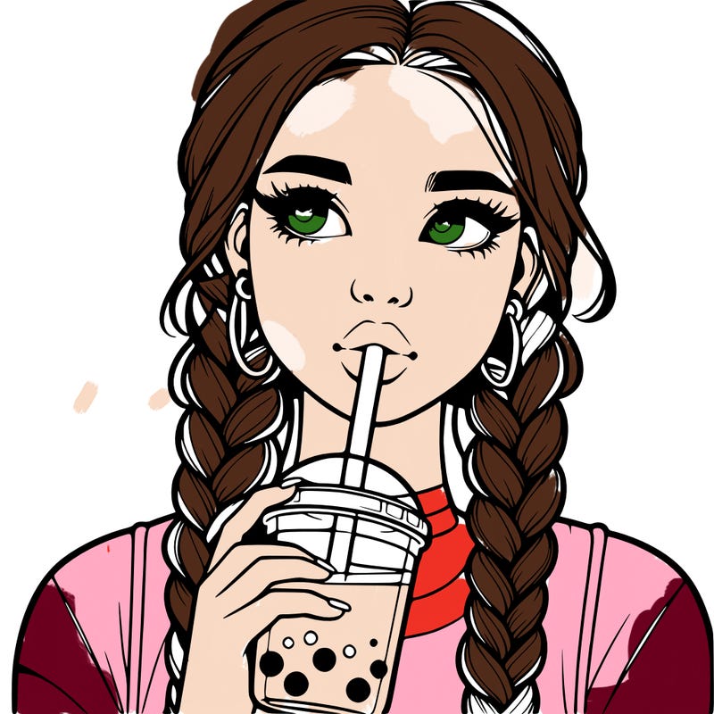 realistic girl with braided hair drinking boba