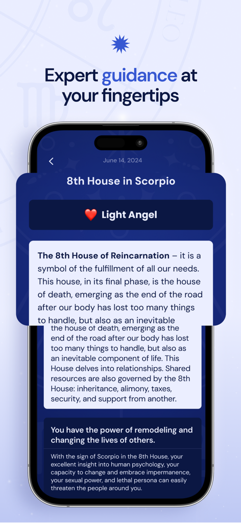 Respontika - Respontika app screen displaying astrology based relationship guidance for the 8th House in Scorpio