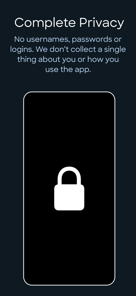 TapShot app screen detailing complete privacy with no logins or data collection