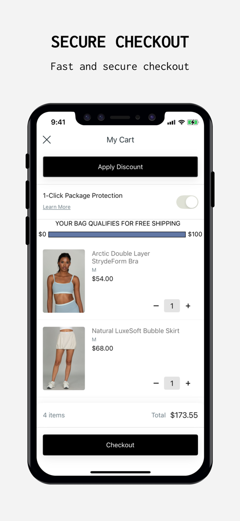Gold Hinge - Una pantalla de app móvil mostrando un carrito de compras seguro con artículos de ropa deportiva y una barra de progreso de envío gratuito.