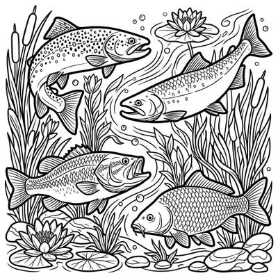 Explore a vibrant aquatic world with this detailed freshwater fish coloring page designed for teens. Featuring a variety of fish species amidst intricate underwater flora, it offers a captivating creative challenge.