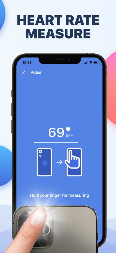 Interface of the Blood Oxygen app showing a heart rate measurement of 69 BPM using an iPhone camera