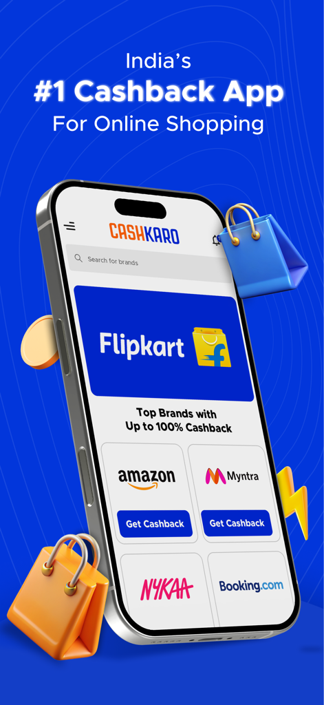CashKaro - Cashback & Coupons - CashKaro app interface displaying cashback offers for top Indian shopping brands like Flipkart and Myntra