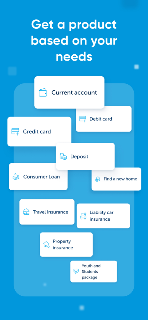 A screen from the UBB Mobile app displaying a variety of banking and insurance products such as current accounts, credit cards, loans, and travel insurance.