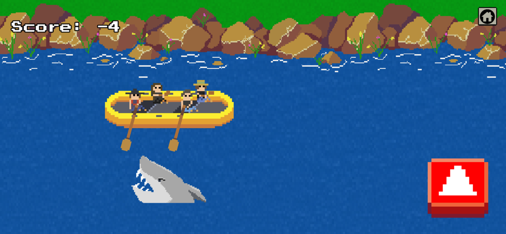 Hussy Hicks - Pixel art characters on a raft avoiding a shark in a mobile game