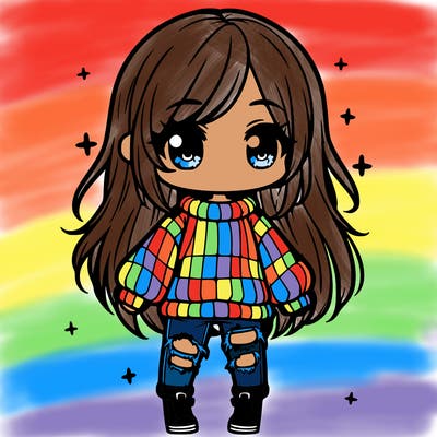 chibi girl with ripped jeans,long hair, and an oversized sweater