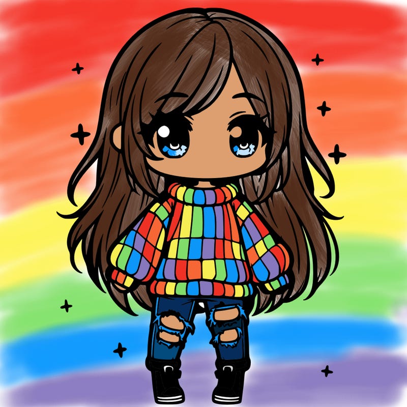 chibi girl with ripped jeans,long hair, and an oversized sweater