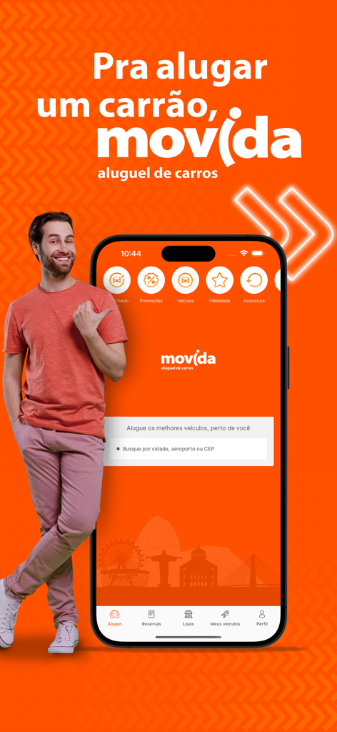 차량 예약 모바일 인터페이스와 남성을 특징으로 하는 Movida 렌터카 앱의 홍보 스크린샷.