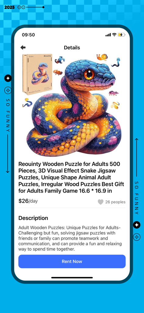 PuzzlePlayRent - A detailed listing for a colorful 500 piece wooden snake puzzle available for rent on the PuzzlePlayRent app.
