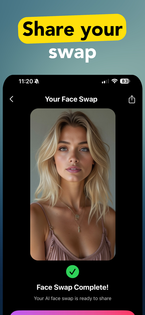 Face Swap - DeepFace AI - Resultado completado de intercambio de caras con IA en la aplicación listo para compartir en redes sociales.