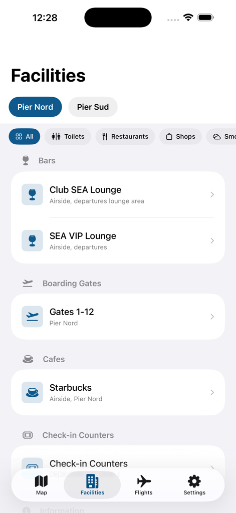 Milano Linate LIN Airport - Pantalla de instalaciones de la aplicación del aeropuerto de Milano Linate que muestra listas de salas VIP, puertas de embarque y cafeterías