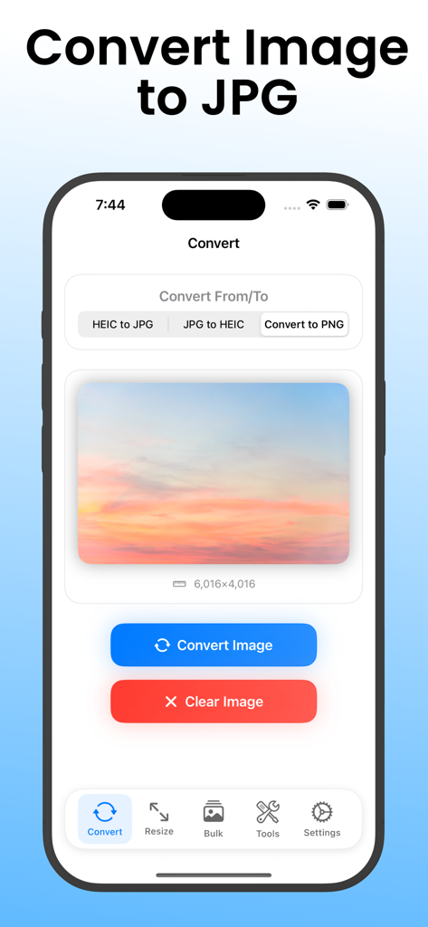 JPEGify – JPG & HEIC Converter - A mobile app interface showing a sunset photo with options to convert HEIC or PNG images to JPG format.