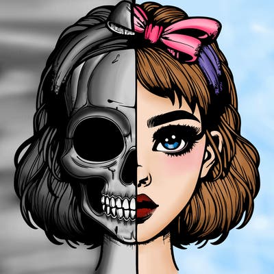 realistic girl with half skull mask