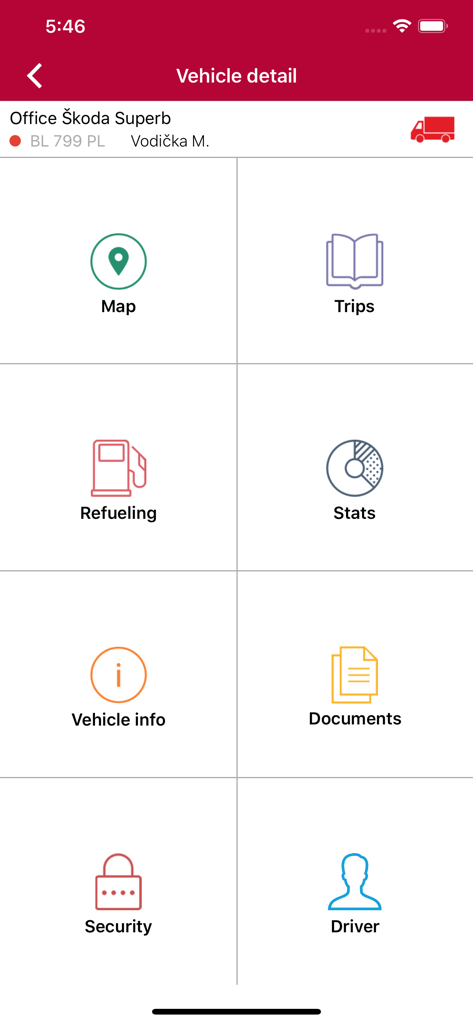 Commander V2 mobile app interface showing a vehicle detail menu with fleet management icons for map trips refueling and stats