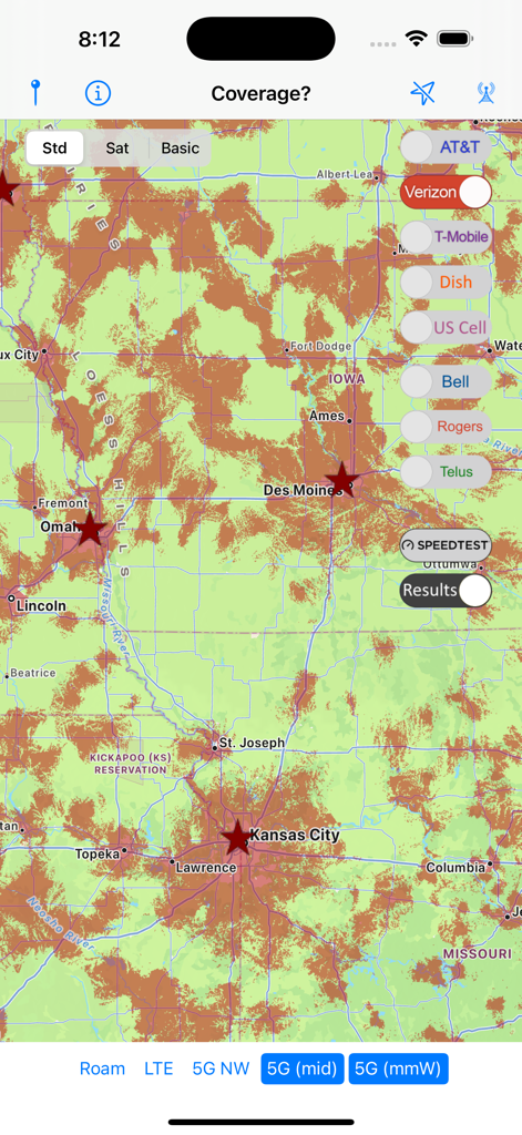 Map view in the Coverage app showing Verizon 5G cellular coverage in the Midwest USA.
