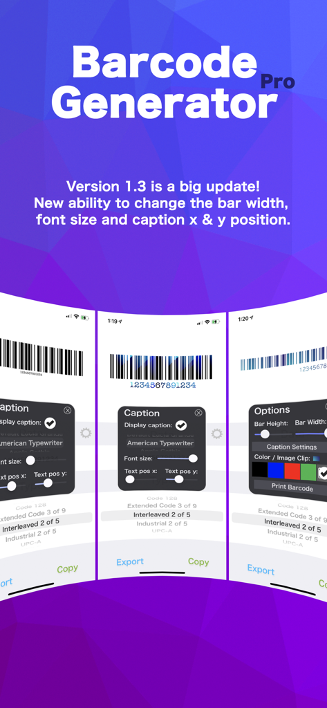 Barcode Generator Proのインターフェース。フォントサイズとバー幅のバーコードカスタマイズツールが表示されています。