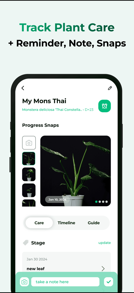 Plant Care: Plantingo - Una pantalla móvil que muestra el diario de cuidado de plantas de la aplicación Plantingo con fotos y notas de crecimiento para una planta de Monstera