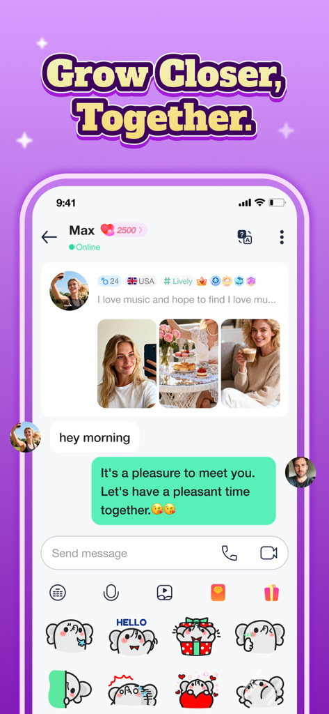Captura de pantalla de la app Sona mostrando una interfaz de chat privado entre dos usuarios con fotos de perfil y pegatinas personalizadas