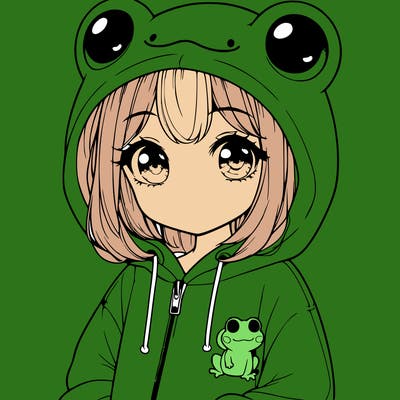 cute realistic girl in a froggy hoodie