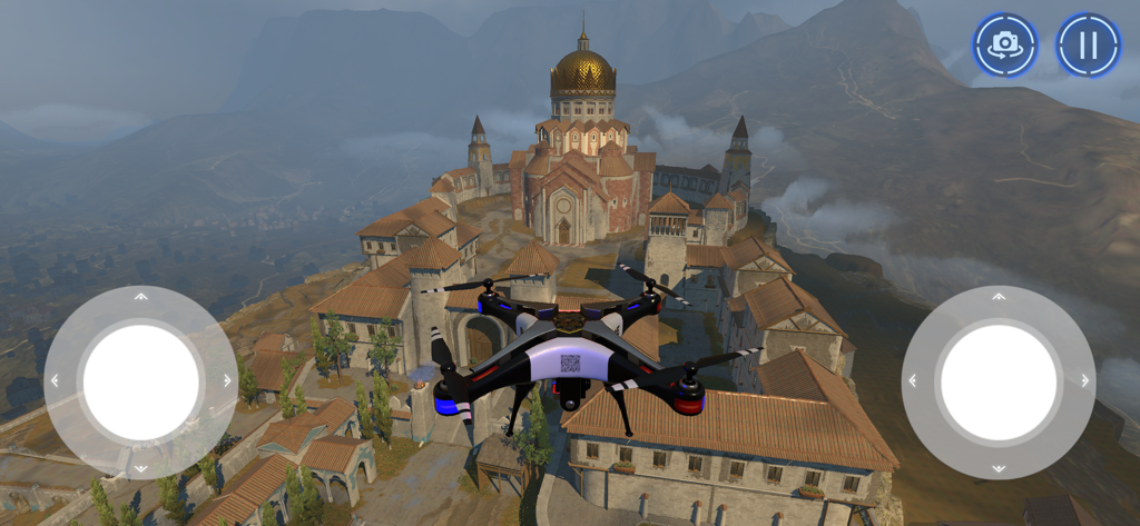 Drone Simulator Realistic UAV - Jugabilidad de simulador de drones con un UAV volando sobre un gran castillo con una cúpula dorada