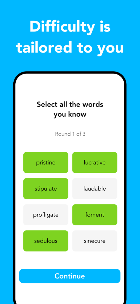 WordPal app interface where users select known words to personalize their learning experience.