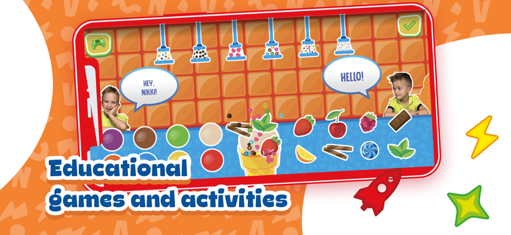 Vlad & Niki - games & videos - Educational games and activities screen from Vlad and Niki app showing an ice cream decorating game