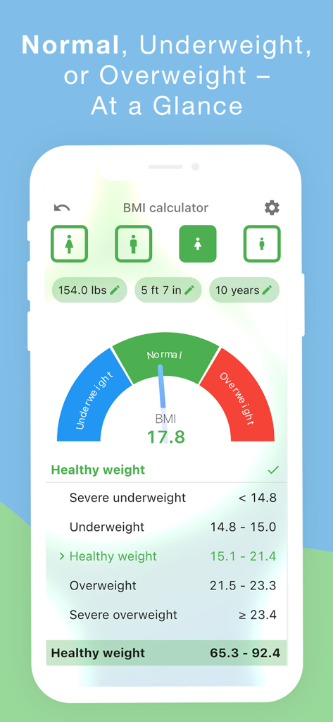 BMI-Calculator: Weight Tracker - BMI calculator app interface showing weight classification for a child with a visual gauge.