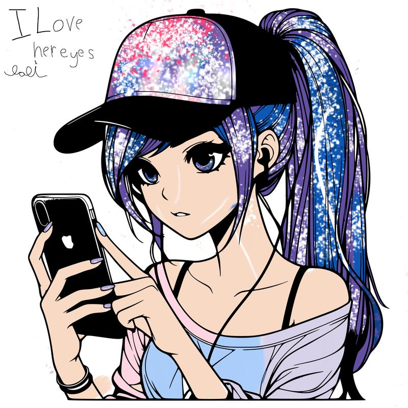 realistic girl with a long ponytail and trucker hat holding an iphone