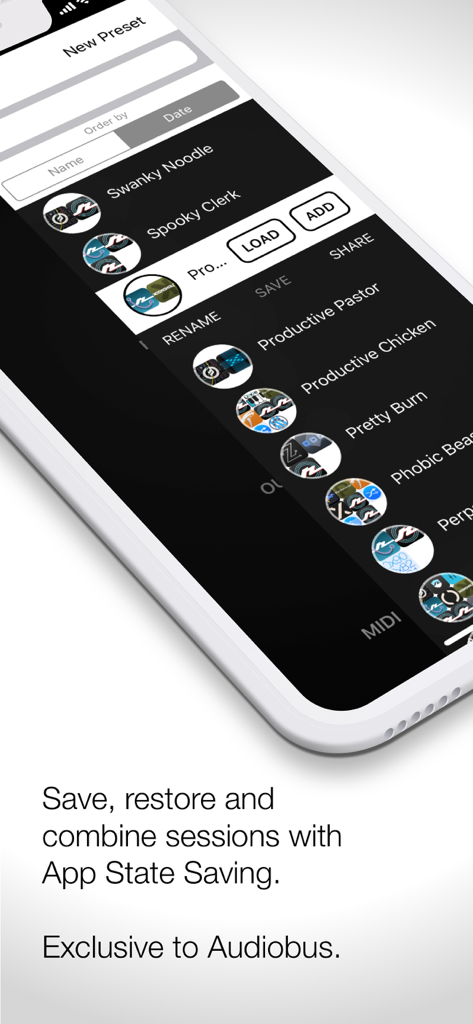 Audiobus app interface showing a list of saved music production sessions and presets