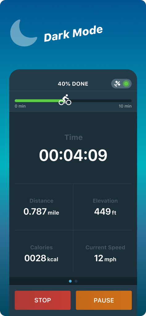 Bicycle ride tracker PRO interface in dark mode showing time distance elevation calories and speed