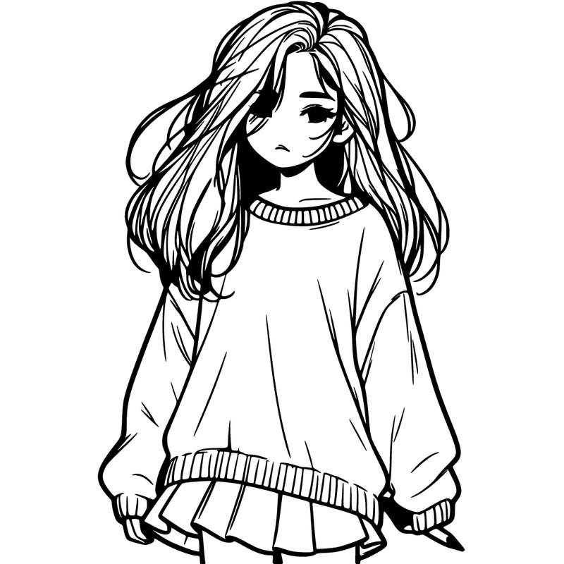 realistic girl with hair down and a big sweater split