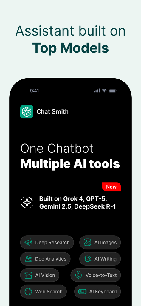 Chat Smith app showing multiple AI tools and models like GPT-5 and DeepSeek