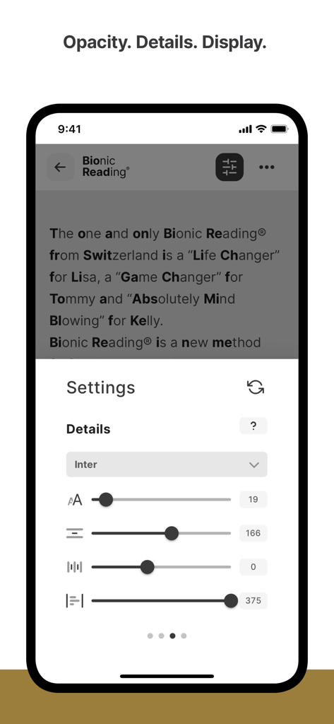 Interfaz de la aplicación Bionic Reading que muestra el menú de configuración para ajustar detalles de tipografía como el tamaño de fuente y el espaciado