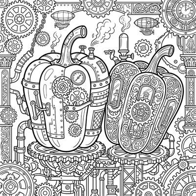 Embark on a creative journey with our Steampunk Bell Peppers coloring page, where organic forms meet intricate Victorian machinery. This detailed design offers a unique blend of nature and industrial fantasy, perfect for an engaging coloring experience.